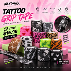 INKY PAWS Tattoo Grip Tape – Self-Adhesive Cohesive Wrap, 12 Rolls